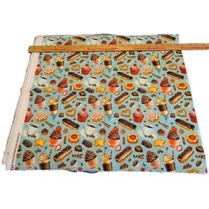 Joann Blue Coffee Pastries Fabric‎ 1/2 YARD 100% Cotton Cupcakes Cookies Novelty
